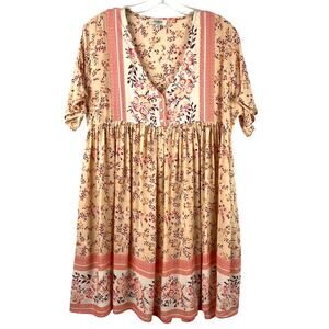 Umgee Women's Floral Border Print Dress Cottagecore Pink Prairie Bohemian Size S